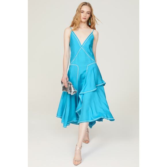 ESTEBAN CORTAZAR COLLECTIVE Aqua Hourglass White Stitch Midi Dress Size Medium - Picture 2 of 15